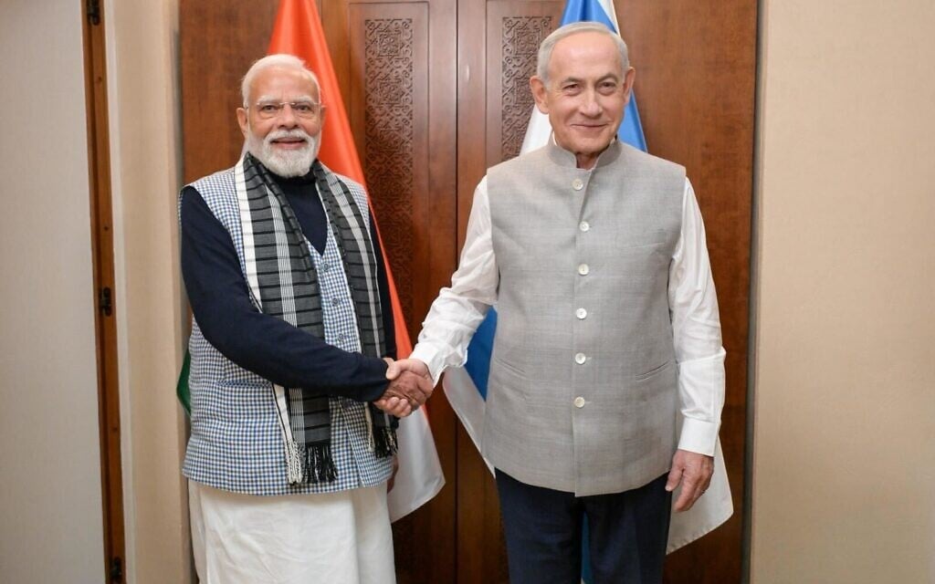 Prime Minister Benjamin Netanyahu (R) is seen in traditional Indian clothing with Indian Prime Minister Narendra Modi before a dinner in Jerusalem, February 25, 2026 (Ma’ayan Toaf/GPO) Prime Minister Benjamin Netanyahu (R) is seen in traditional Indian clothing with Indian Prime Minister Narendra Modi before a dinner in Jerusalem, February 25, 2026 (Ma’ayan Toaf/GPO)