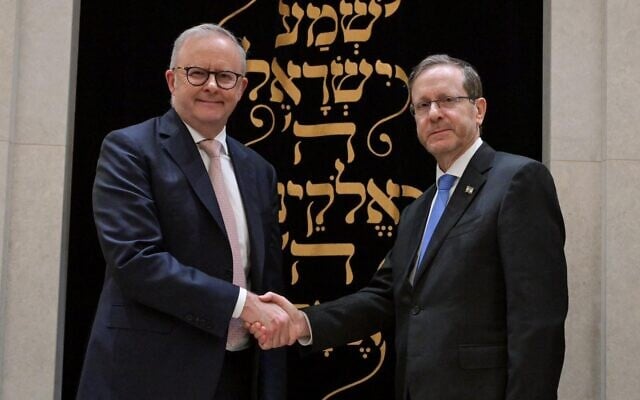 President Isaac Herzog, right, and Australian Prime Minister Anthony Albanese, shake hands at the Chabad of Bondi in Sydney, Australia, February 10, 2026. (GPO/Maayan Toaf) President Isaac Herzog, right, and Australian Prime Minister Anthony Albanese, shake hands at the Chabad of Bondi in Sydney, Australia, February 10, 2026. (GPO/Maayan Toaf)