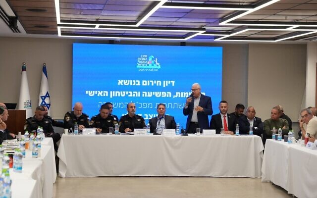 Sakhnin Mayor Mazen Ghnaim speaks to senior police brass and local politicians at an emergency meeting over the surge of violent crime in Arab society, in Tel Aviv on February 19, 2026. (Israel Police) Sakhnin Mayor Mazen Ghnaim speaks to senior police brass and local politicians at an emergency meeting over the surge of violent crime in Arab society, in Tel Aviv on February 19, 2026. (Israel Police)