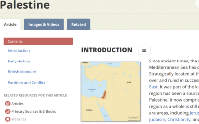 An archived version of the Encyclopaedia Britannica's children's site which includes a map labeling the entirety of Israel as 'Palestine.' (Screenshot/WaybackMachine)