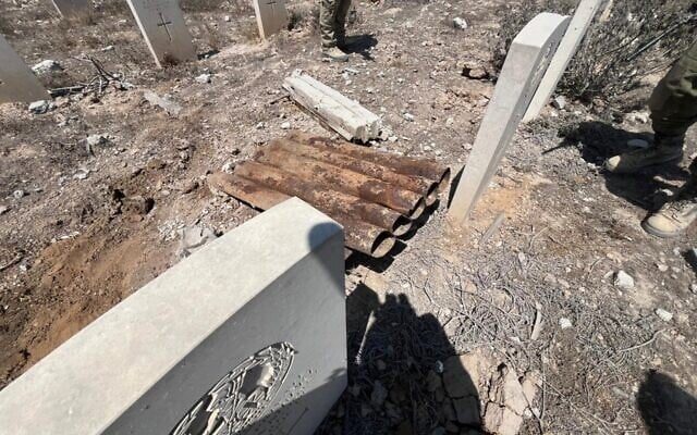A rocket launcher found by IDF troops at the Commonwealth Cemetery in eastern Gaza City, in a handout photo issued by the military on August 7, 2025. (Israel Defense Forces) A rocket launcher found by IDF troops at the Commonwealth Cemetery in eastern Gaza City, in a handout photo issued by the military on August 7, 2025. (Israel Defense Forces)