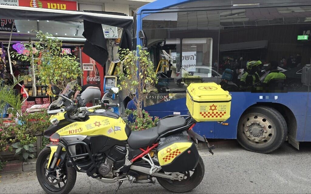 A Magen David Adom motorbike is seen at the scene of a bus crash in Ramat Gan, central Israel, on February 6, 2026. (Magen David Adom)