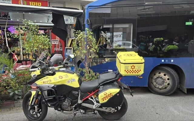 A Magen David Adom motorbike is seen at the scene of a bus crash in Ramat Gan, central Israel, on February 6, 2026. (Magen David Adom)