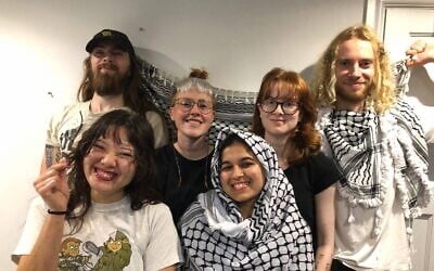 Samuel Corner (far right) and other Palestine Action activists Jordan Devlin, Leona Kamio, Charlotte Head, Fatema Rajwani and Zoe Rogers. (Used under clause 27a of the Israeli copyright law; taken from social media)