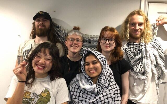 Samuel Corner (far right) and other Palestine Action activists Jordan Devlin, Leona Kamio, Charlotte Head, Fatema Rajwani and Zoe Rogers. (Used under clause 27a of the Israeli copyright law. Taken from social media)