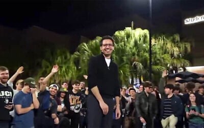 Florida GOP gubernatorial candidate James Fishback references the antisemitic term 'goyslop' during a campaign event at the University of Central Florida in Orlando, February 4, 2026. The crowd applauded his use of the term. (Screenshot via X)