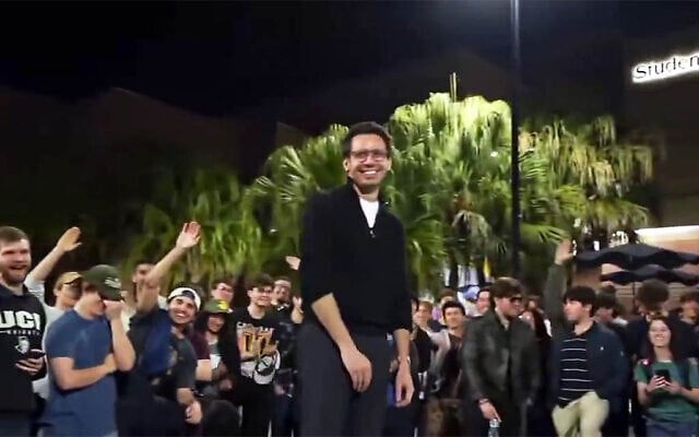 Florida GOP gubernatorial candidate James Fishback references the antisemitic term 'goyslop' during a campaign event at the University of Central Florida in Orlando, February 4, 2026. The crowd applauded his use of the term. (Screenshot via X)