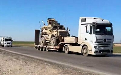 Screen capture from video of US forces withdrawing from the Qasrak in Hasakah province, northeastern Syria, February 23, 2026. (X)