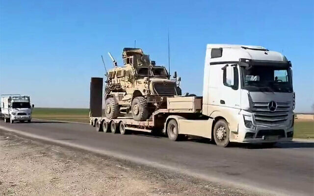 Screen capture from video of US forces withdrawing from the Qasrak in Hasakah province, northeastern Syria, February 23, 2026. (X)
