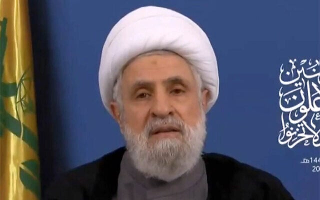 Hezbollah leader Naim Qassem delivers a speech broadcast on March 4, 2026. (Screenshot/Al Manar via X)