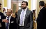 Jacob Reses, second from the left, accompanies JD Vance to a meeting with Senate Republicans at the US Capitol in Washington, DC, on November 16, 2022. (Anna Moneymaker/Getty Images via JTA)