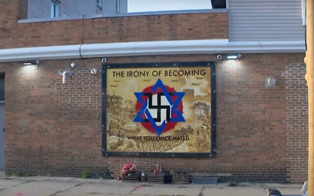 Illustrative: An antisemitic mural in Milwaukee, Wisconsin, depicting a Jewish star turning into a swastika, put up by a Palestinian business owner on September 14, 2024. (Screenshot via WISN Milwaukee / JTA) Illustrative: An antisemitic mural in Milwaukee, Wisconsin, depicting a Jewish star turning into a swastika, put up by a Palestinian business owner on September 14, 2024. (Screenshot via WISN Milwaukee / JTA)