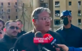 Osher Gabbay (left) accompanies National Security Minister Itamar Ben Gvir (center) to the site of an Iranian missile impact in Beersheba on March 2, 2026. (Screenshot/Otzma Yehudit via Youtube)