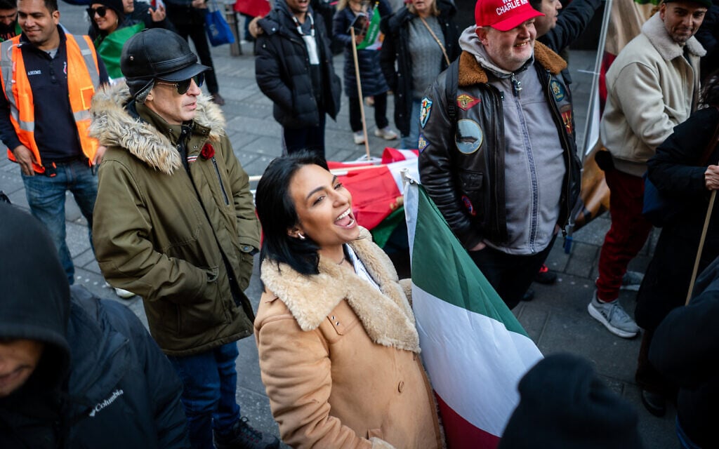 A rally in support of US and Israeli strikes against Iran, in Times Square, New York City, March 1, 2026. (Luke Tress/Times of Israel)