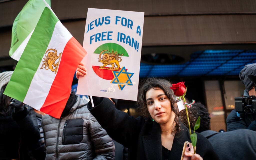 A rally in support of US and Israeli strikes against Iran, in Times Square, New York City, March 1, 2026. (Luke Tress/Times of Israel)
