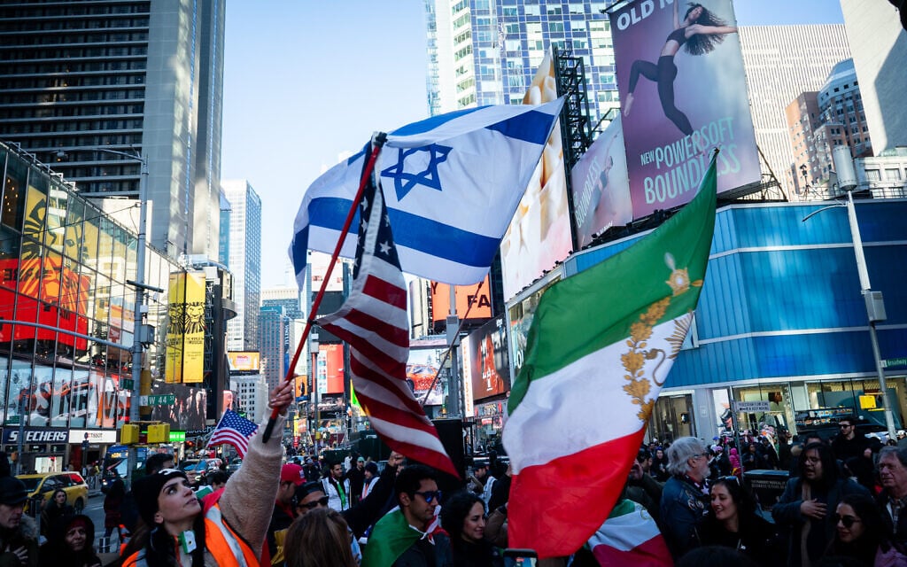 A rally in support of US and Israeli strikes against Iran, in Times Square, New York City, March 1, 2026. (Luke Tress/Times of Israel)