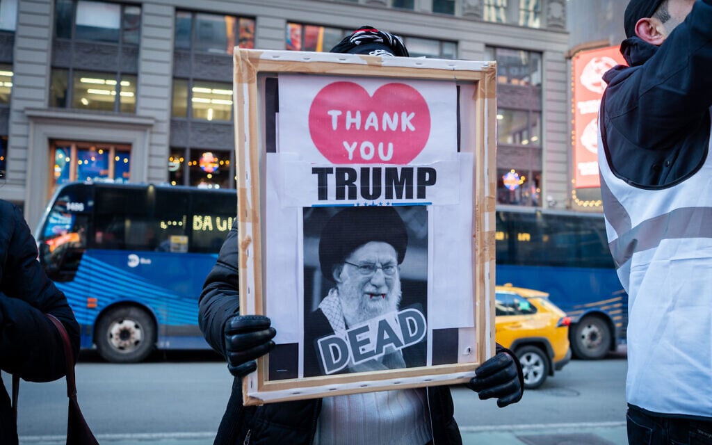 A rally in support of US and Israeli strikes against Iran, in Times Square, New York City, March 1, 2026. (Luke Tress/Times of Israel)