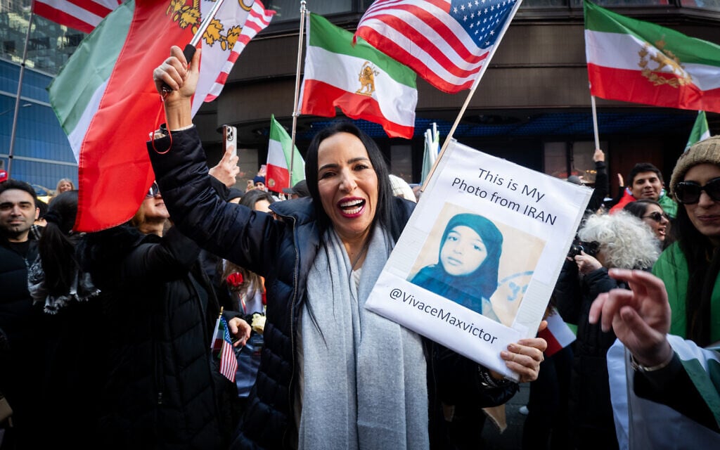 A rally in support of US and Israeli strikes against Iran, in Times Square, New York City, March 1, 2026. (Luke Tress/Times of Israel)