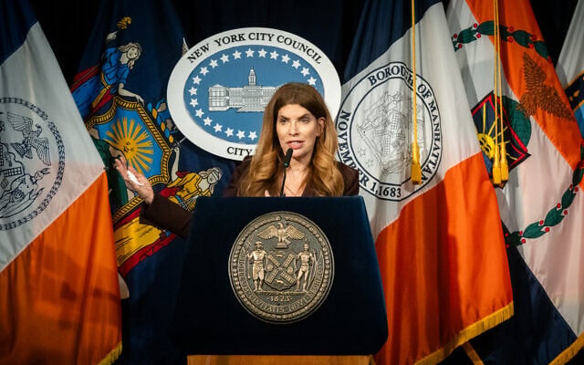 New York City Council Speaker Julie Menin discusses legislation meant to protect houses of worship, at City Hall in Manhattan, March 26, 2026. (Luke Tress/Times of Israel)