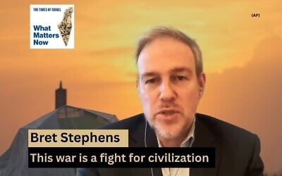 New York Times columnist Bret Stephens (YouTube screenshot), against a backdrop of Beirut, Lebanon, on March 15, 2026. (AP Photo/ Hassan Ammar)
