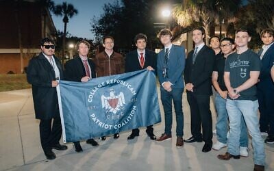 Members of the University of Florida College Republicans pose with gubernatorial candidate James Fishback, third from left, in a photo posted by Fishback, March 13, 2026. (Screenshot via X/ via JTA) Members of the University of Florida College Republicans pose with gubernatorial candidate James Fishback, third from left, in a photo posted by Fishback, March 13, 2026. (Screenshot via X/ via JTA)