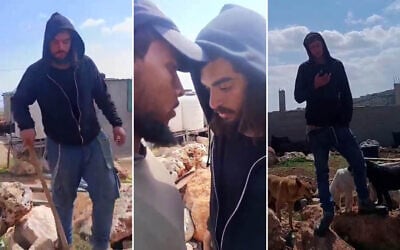 Screenshots of apparent extremist settler activists harassing Palestinian residents of dwellings in the Duma area of the West Bank, March 5, 2026. (Courtesy Torat Tzedek) Screenshots of apparent extremist settler activists harassing Palestinian residents of dwellings in the Duma area of the West Bank, March 5, 2026. (Courtesy Torat Tzedek)