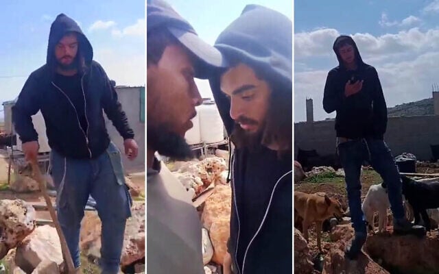 Screenshots of apparent extremist settler activists harassing Palestinian residents of dwellings in the Duma area of the West Bank, March 5, 2026. (Courtesy Torat Tzedek) Screenshots of apparent extremist settler activists harassing Palestinian residents of dwellings in the Duma area of the West Bank, March 5, 2026. (Courtesy Torat Tzedek)