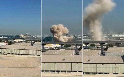 Screenshots from a video posted on social media on March 7, 2026 shows an impact and smoke rising from the Dubai International Airport. (Social media, used in accordance with Clause 27a of the Copyright Law) Screenshots from a video posted on social media on March 7, 2026 shows an impact and smoke rising from the Dubai International Airport. (Social media, used in accordance with Clause 27a of the Copyright Law)