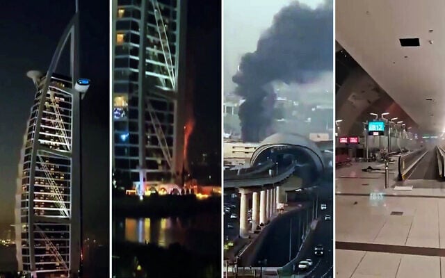 Screen captures from videos posted to social media show smoke and damage caused by Iranian projectile attacks on the iconic Burj Al Arab hotel and Dubai airport, February 28 and March 1, 2026. (Social media, used in accordance with Clause 27a of the Copyright Law) Screen captures from videos posted to social media show smoke and damage caused by Iranian projectile attacks on the iconic Burj Al Arab hotel and Dubai airport, February 28 and March 1, 2026. (Social media, used in accordance with Clause 27a of the Copyright Law)