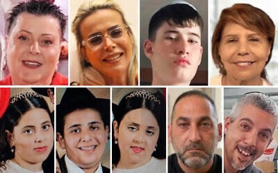 Clockwise from top left: Sara Elimelech, Ronit Elimelech, Gavriel Baruch Ravach, Bruria Cohen, Yosef Cohen, Oren Katz, and siblings Sara, Yaakov, and Avigail Biton, who were killed in an Iranian missile attack in Beit Shemesh on March 1, 2026. (Courtesy/United Hatzalah/Social media; used in accordance with Clause 27a of the Copyright Law)