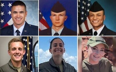 Top, L-R: Seth Koval; Curtis J. Angst, Tyler H. Simmons; Bottom, L-R: John A. Klinner, Ariana G. Savino, Ashley B. Pruitt; all were killed when a US military plane crashed in Iraq on March 12, 2026. (Steven Nordhaus on X)