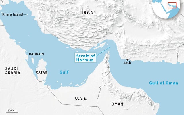 A map of the Gulf locating Strait of Hormuz and the ports of Jask and Kharg Island in Iran. (Laurence SAUBADU/AFP)