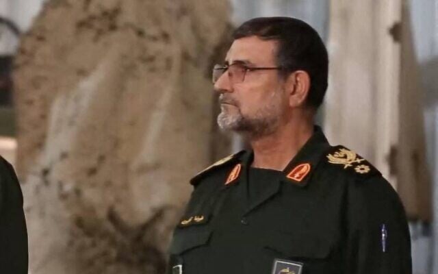 This handout photo provided by Iran's Revolutionary Guard Corps (IRGC) official website Sepah News on February 1, 2025, shows IRGC navy commander Admiral Alireza Tangsiri talking to a reporter during the unveiling of the Qadr-380 naval cruise missile in an undisclosed location in Iran. (SEPAH NEWS / AFP)