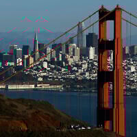 An aerial view of the Golden Gate Bridge in front of the San Francisco skyline on October 20, 2025 in Sausalito, California. (Justin Sullivan/Getty Images/AFP)