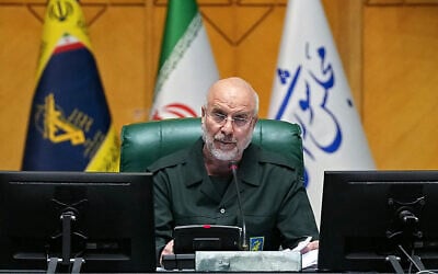 Iran's Parliament Speaker Mohammad Bagher Ghalibaf, dressed in an IRGC uniform, chairs a session in Tehran, Iran, on February 1, 2026. (Islamic Consultative Assembly News Agency (ICANA)/AFP)