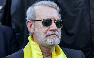 Iran's security chief Ali Larijani attends a ceremony by the Lebanese Shiite movement Hezbollah marking the first anniversary of Israel's assassination of their longtime leader Hassan Nasrallah, in Beirut's southern suburbs on September 27, 2025. (Anwar AMRO / AFP)