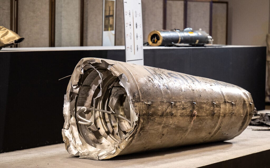 Pieces of missiles and drones recovered after Iran's strikes are displayed during a press briefing by the UAE government held in Abu Dhabi on March 3, 2026. (Ryan Lim / AFP)