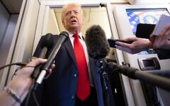 US President Donald Trump speaks with the media aboard Air Force One during a flight from Dover, Delaware, to Miami, Florida, on March 7, 2026. (SAUL LOEB / AFP)