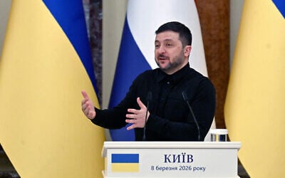 Ukraine's President Volodymyr Zelensky speaks during a press conference at Mariinskyi Palace in Kyiv on March 8, 2026. (Sergei SUPINSKY / AFP) Ukraine's President Volodymyr Zelensky speaks during a press conference at Mariinskyi Palace in Kyiv on March 8, 2026. (Sergei SUPINSKY / AFP)