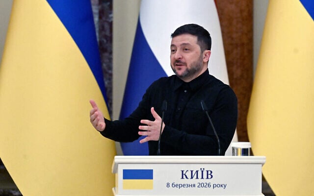 Ukraine's President Volodymyr Zelensky speaks during a press conference at Mariinskyi Palace in Kyiv on March 8, 2026. (Sergei SUPINSKY / AFP)