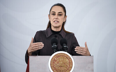 Mexico's President Claudia Sheinbaum speaks during her daily press conference at the Women's Oncology Hospital in Mexico City on March 9, 2026. (Yuri CORTEZ / AFP)