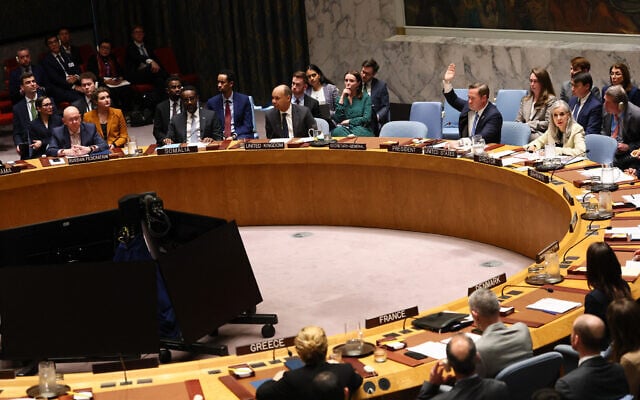 Members of the United Nations Security Council vote on a draft resolution during a meeting on the situation in the Middle East at the United Nations headquarters on March 11, 2026, in New York City. (Michael M. Santiago/Getty Images/AFP)