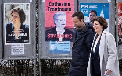 Incumbent mayor of Strasbourg and Les Ecologistes candidate for re-election Jeanne Barseghian, right, at a polling station in Strasbourg, France, on March 15, 2026. (Sebastien Bozon/AFP) Incumbent mayor of Strasbourg and Les Ecologistes candidate for re-election Jeanne Barseghian, right, at a polling station in Strasbourg, France, on March 15, 2026. (Sebastien Bozon/AFP)