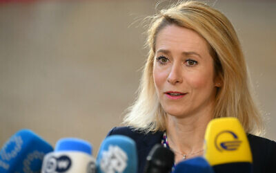 EU High Representative and Vice-President for Foreign Affairs and Security Policy Kaja Kallas addresses the media in Brussels on March 16, 2026. (NICOLAS TUCAT / AFP)