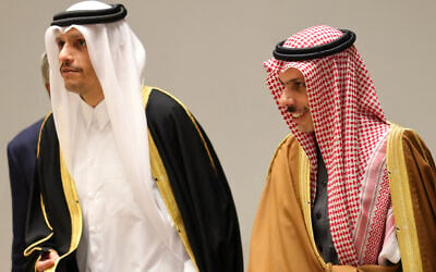 Saudi Arabia's Foreign Minister Faisal bin Farhan Al-Saud, right, and his Qatari counterpart Mohammed bin Abdulrahman al-Thani attend the consultative ministerial meeting in Riyadh, on March 19, 2026. (Fayez Nureldine/AFP) Saudi Arabia's Foreign Minister Faisal bin Farhan Al-Saud, right, and his Qatari counterpart Mohammed bin Abdulrahman al-Thani attend the consultative ministerial meeting in Riyadh, on March 19, 2026. (Fayez Nureldine/AFP)