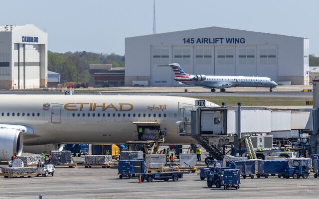 An Etihad Airways flight headed to Zayed International Airport in Abu Dhabi, UAE, on March 20, 2026. (Grant Baldwin / Getty Images North America / Getty Images via AFP)