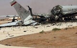 This UGC image posted on social media on March 29, 2026, and verified by AFP staff appears to show a destroyed US Air Force Airborne Warning and Control System (AWACS) aircraft, primarily used for air traffic control, in the aftermath of a projectile strike at Prince Sultan Airbase in Saudi Arabia. (UGC / AFP)