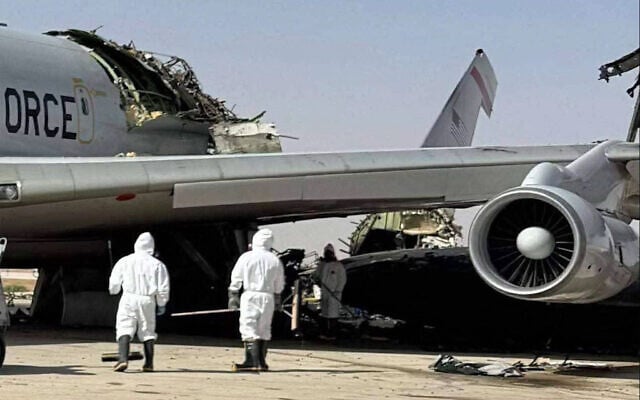 This UGC image posted on social media on March 29, 2026, and verified by AFP staff appears to show a destroyed US Air Force Airborne Warning and Control System (AWACS) aircraft, primarily used for air traffic control, in the aftermath of a projectile strike at Prince Sultan Airbase in Saudi Arabia. (UGC / AFP)