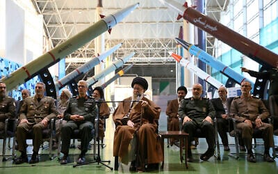 File: Then-Iranian supreme leader, Ayatollah Ali Khamenei, center, accompanied by the armed forces commanders, visits an exhibition of the Islamic Revolutionary Guard Corps' aerospace achievements, in Iran, November 19, 2023. (Office of the Iranian Supreme Leader via AP) File: Then-Iranian supreme leader, Ayatollah Ali Khamenei, center, accompanied by the armed forces commanders, visits an exhibition of the Islamic Revolutionary Guard Corps' aerospace achievements, in Iran, November 19, 2023. (Office of the Iranian Supreme Leader via AP)