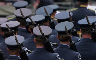 Members of the Royal Air Force Regiment take part in the V-E Day 80th anniversary parade in London, May 5, 2025. (AP/Alberto Pezzali, Pool)